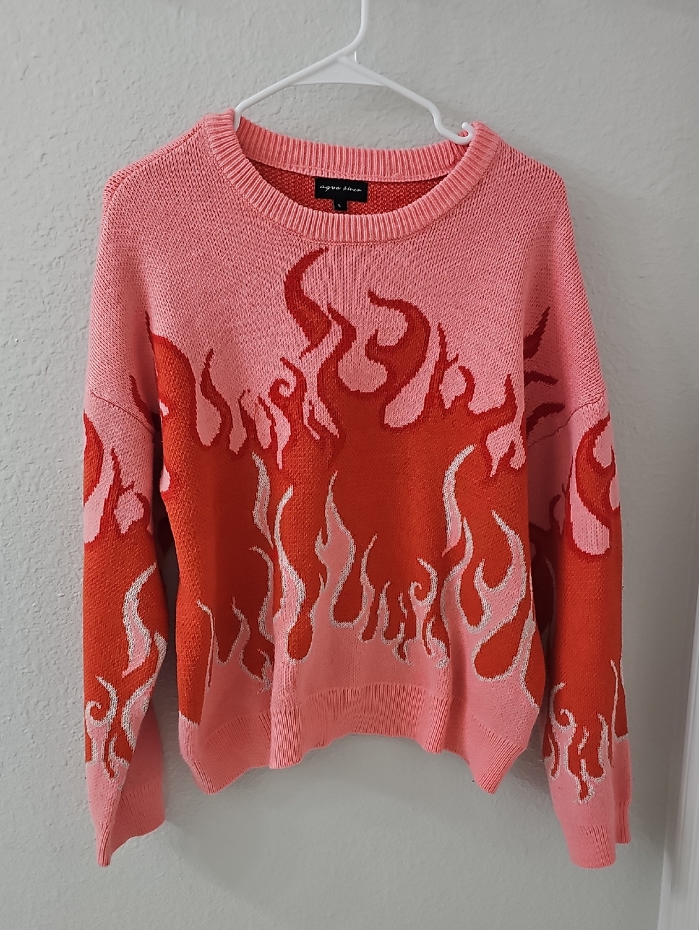 Epic Flame Sweater Pink & Red Woven Fire Design aqua blues Women's Size L